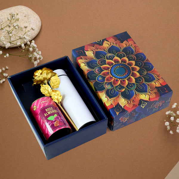 Effete Rose Almonds Gift Hamper Golden Rose With Bottle (3 Pc Set)