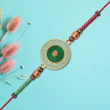 Elegant Green Circular Rakhi With Golden Filigree Design