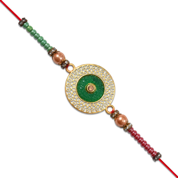 Elegant Green Circular Rakhi With Golden Filigree Design
